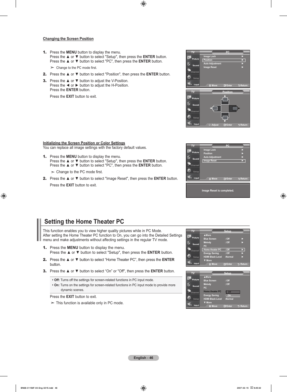 Setting the home theater pc | Samsung LNT4066FX-XAA User Manual | Page 48 / 178