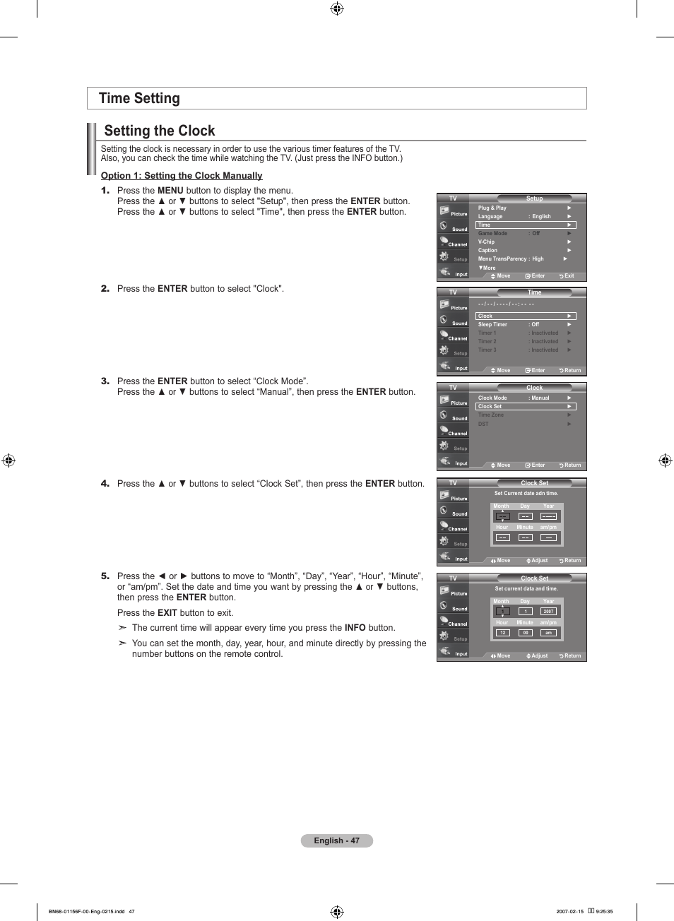 Time setting, Setting the clock | Samsung LNT4066FX-XAA User Manual | Page 49 / 178