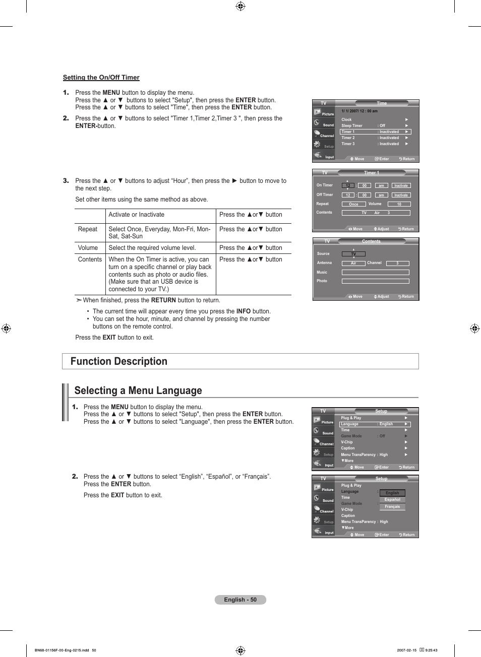 Function description, Selecting a menu language | Samsung LNT4066FX-XAA User Manual | Page 52 / 178