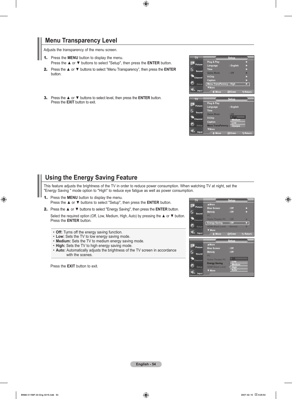 Menu transparency level, Using the energy saving feature | Samsung LNT4066FX-XAA User Manual | Page 56 / 178