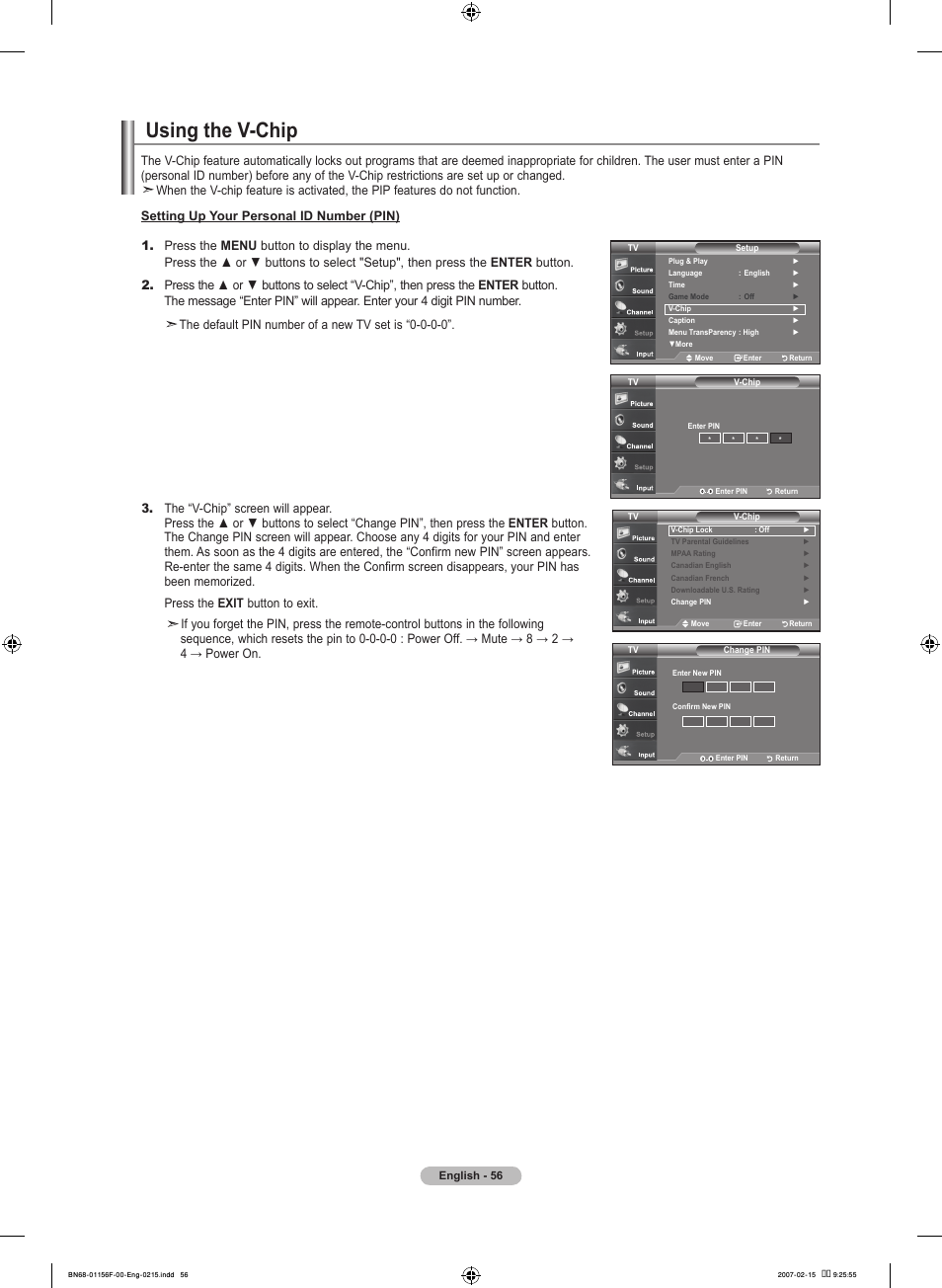 Using the v-chip | Samsung LNT4066FX-XAA User Manual | Page 58 / 178
