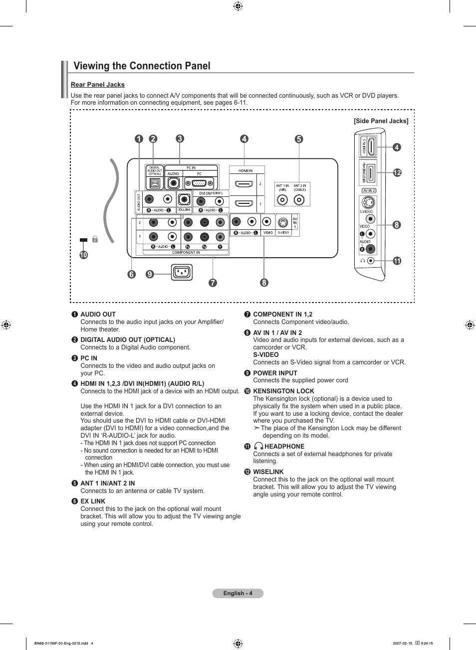 Viewing the connection panel | Samsung LNT4066FX-XAA User Manual | Page 6 / 178