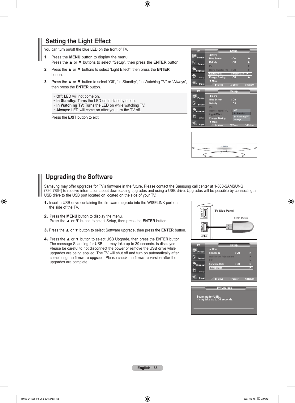 Setting the light effect, Upgrading the software | Samsung LNT4066FX-XAA User Manual | Page 65 / 178