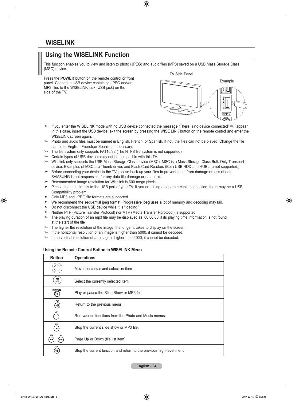 Wiselink, Using the wiselink function, Wiselink using the wiselink function | Samsung LNT4066FX-XAA User Manual | Page 66 / 178
