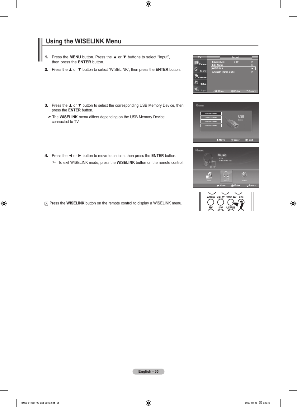 Using the wiselink menu | Samsung LNT4066FX-XAA User Manual | Page 67 / 178