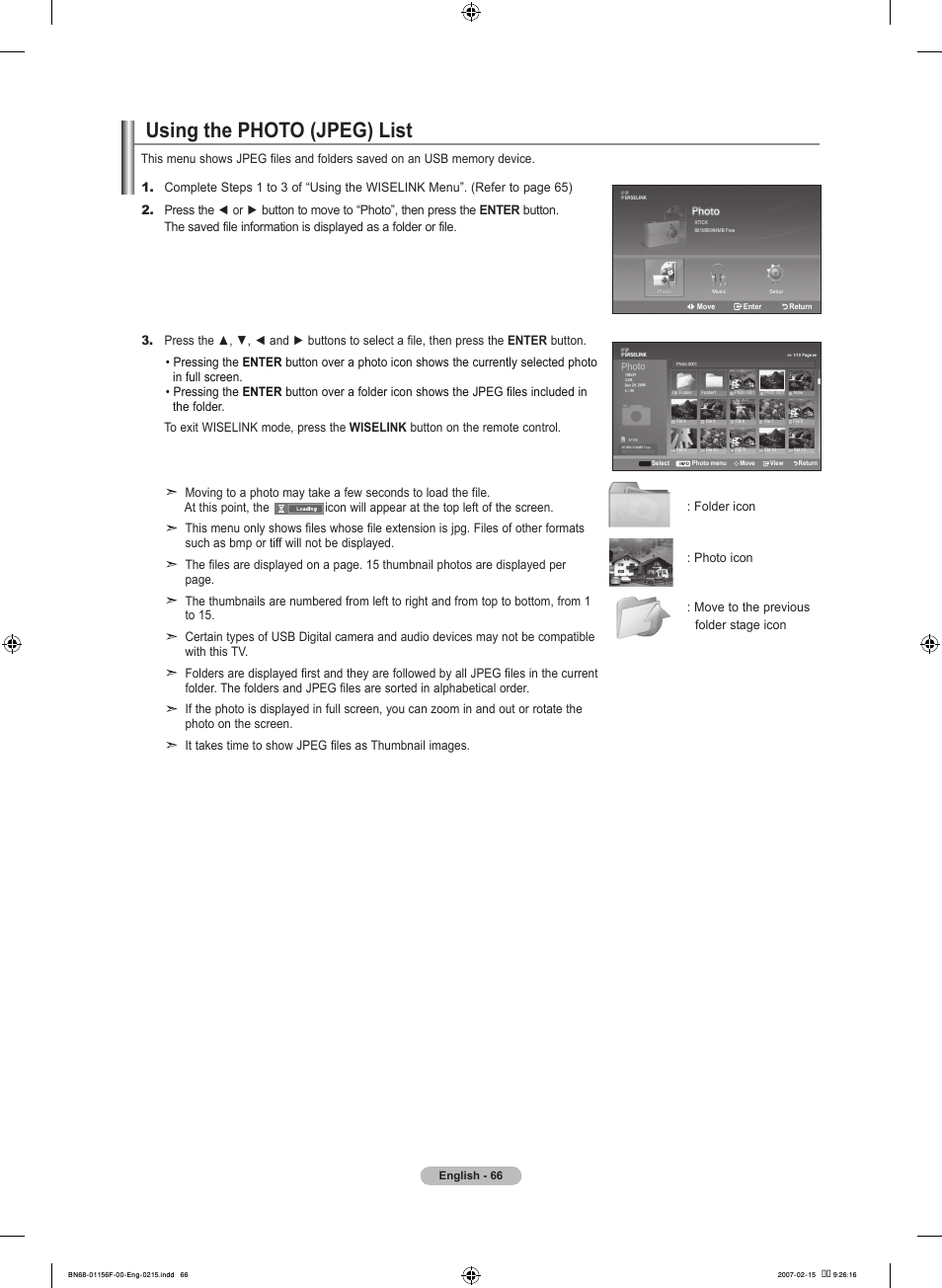 Using the photo (jpeg) list | Samsung LNT4066FX-XAA User Manual | Page 68 / 178
