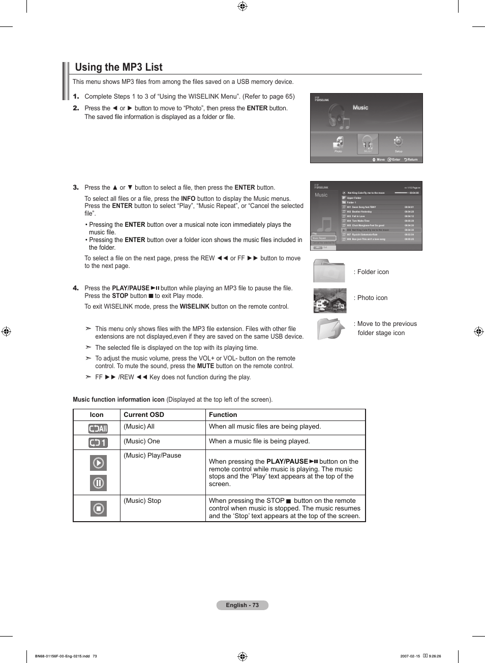 Using the mp3 list, Using the mp list | Samsung LNT4066FX-XAA User Manual | Page 75 / 178