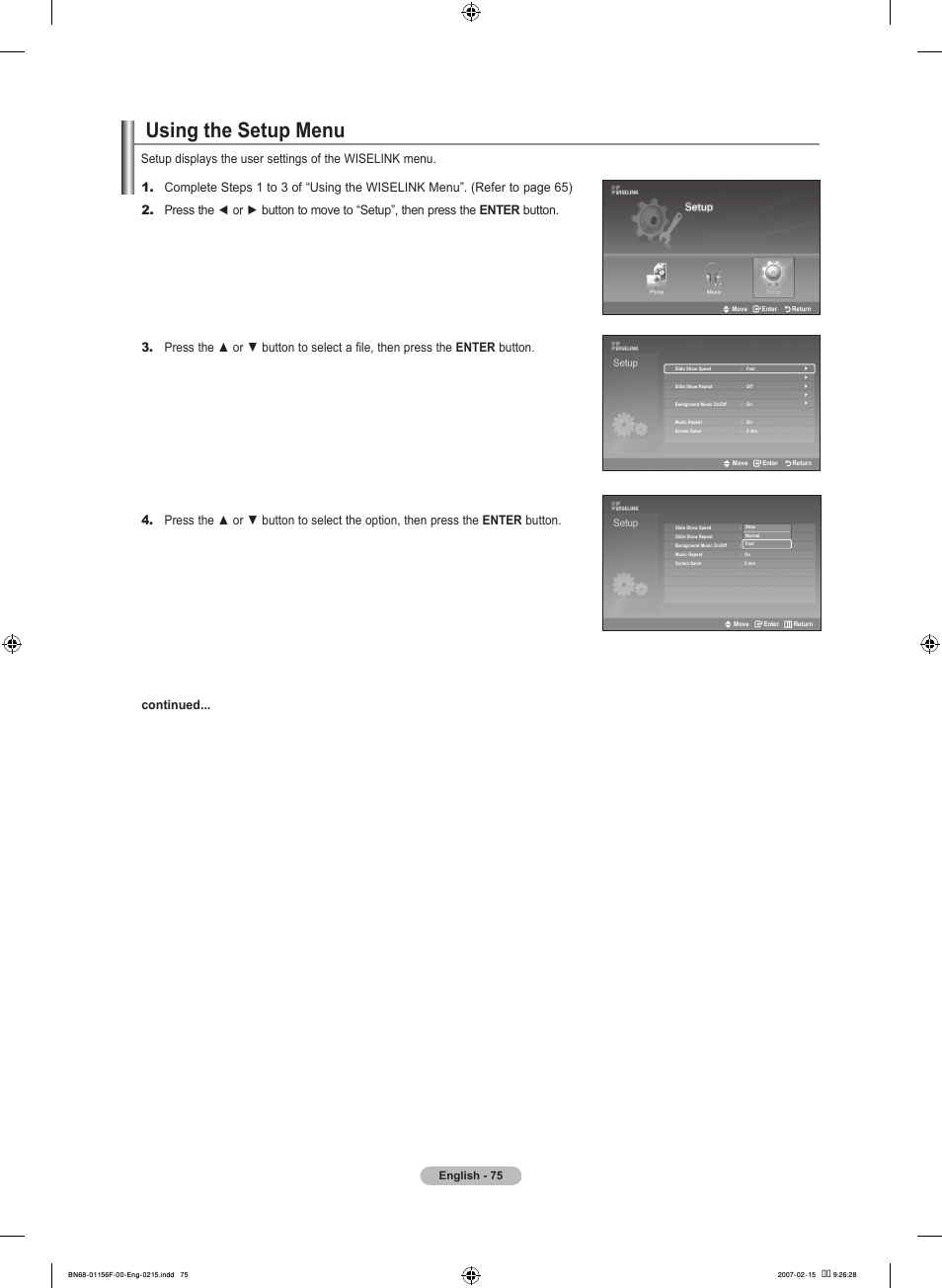 Using the setup menu, English | Samsung LNT4066FX-XAA User Manual | Page 77 / 178