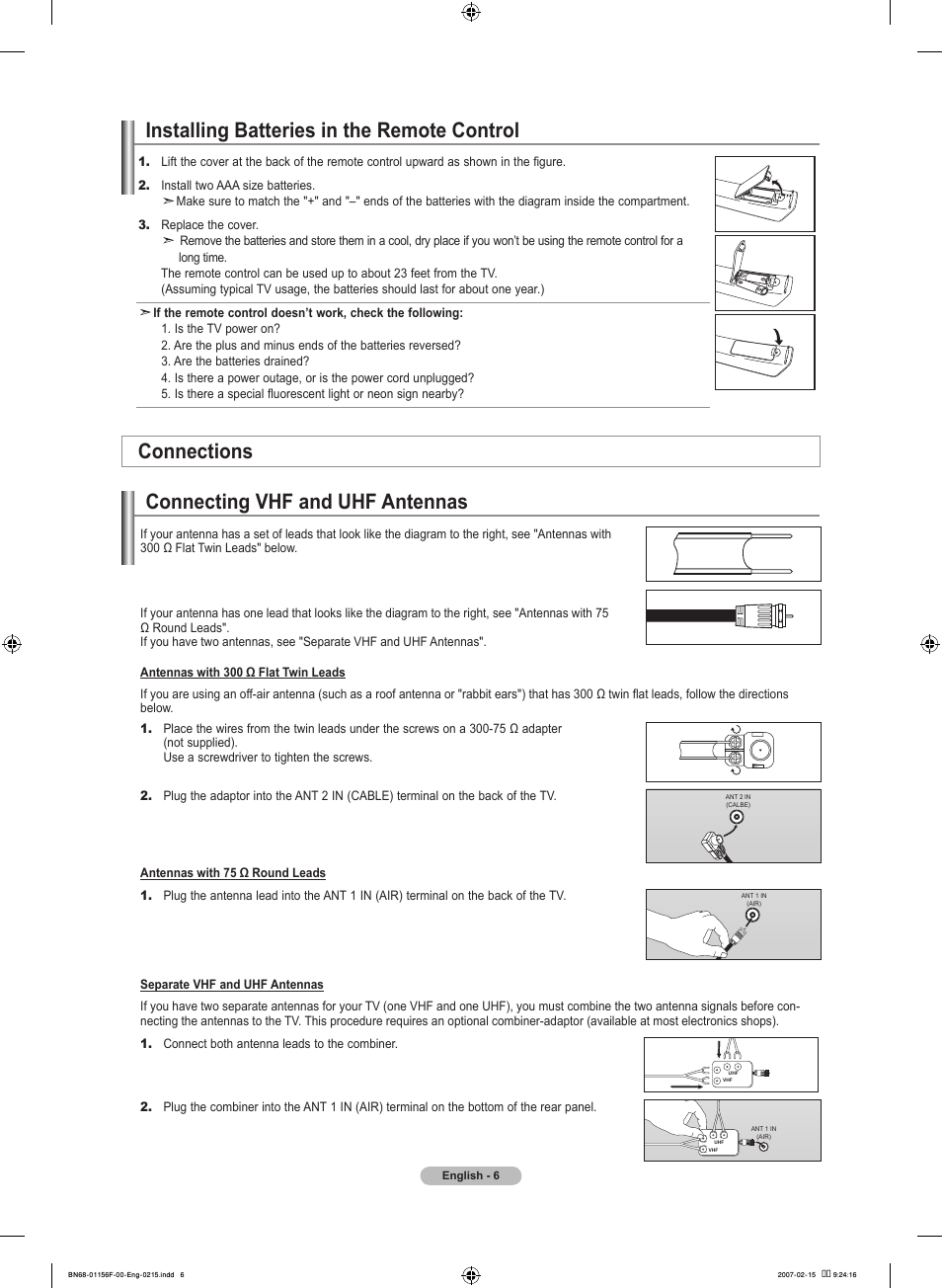 Installing batteries in the remote control, Connections | Samsung LNT4066FX-XAA User Manual | Page 8 / 178
