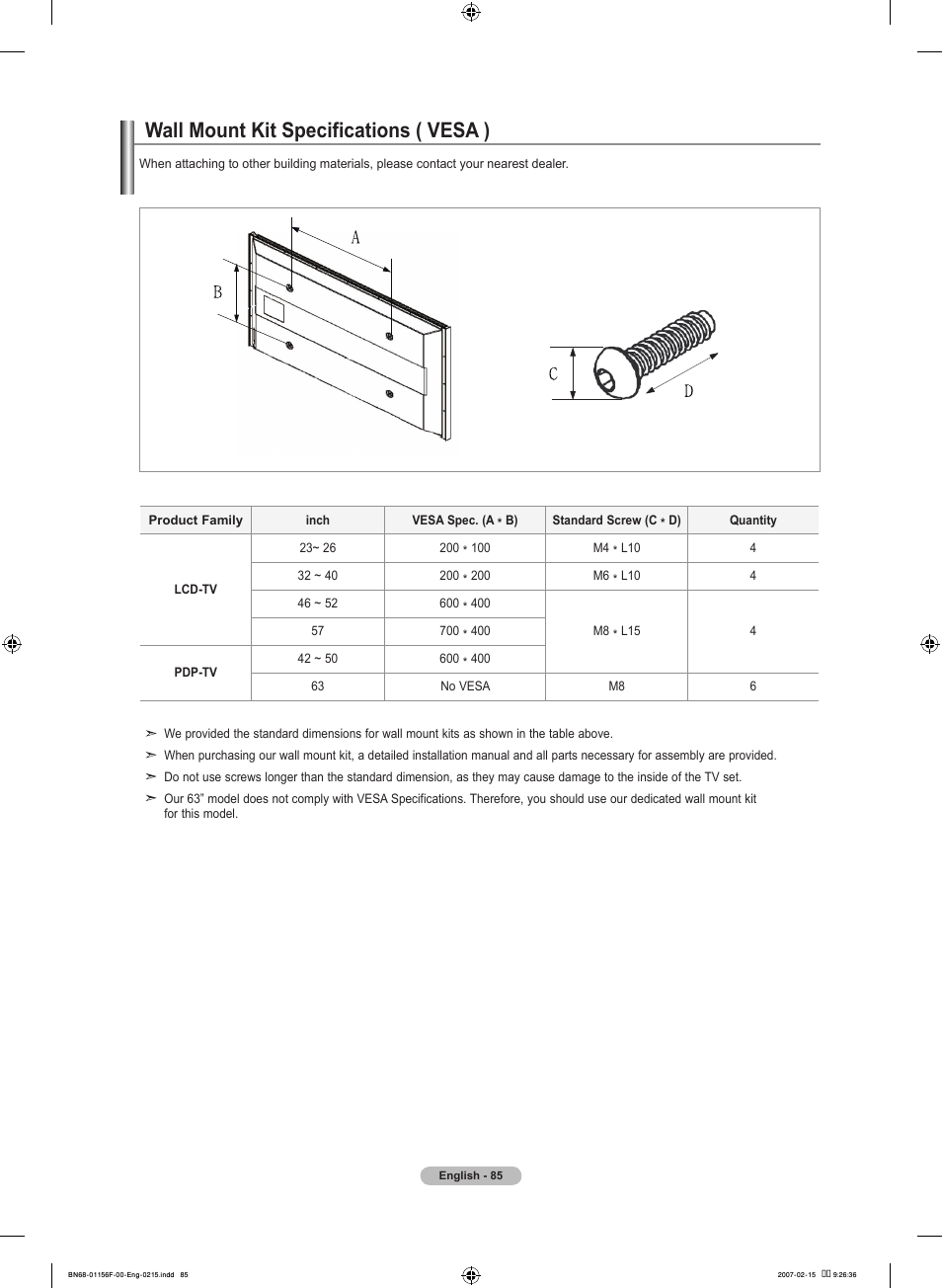 Wall mount kit specifications ( vesa ) | Samsung LNT4066FX-XAA User Manual | Page 87 / 178