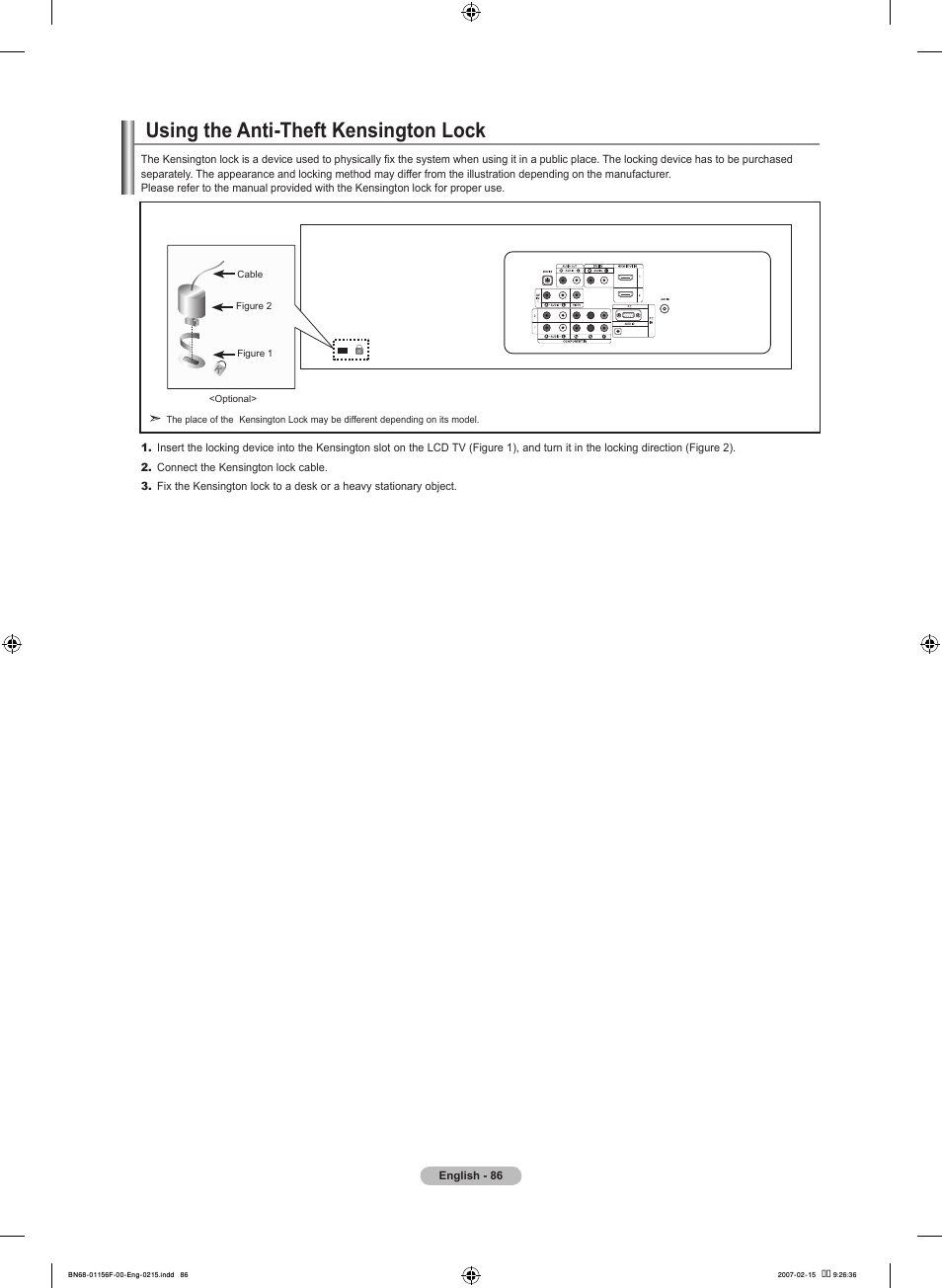 Using the anti-theft kensington lock | Samsung LNT4066FX-XAA User Manual | Page 88 / 178