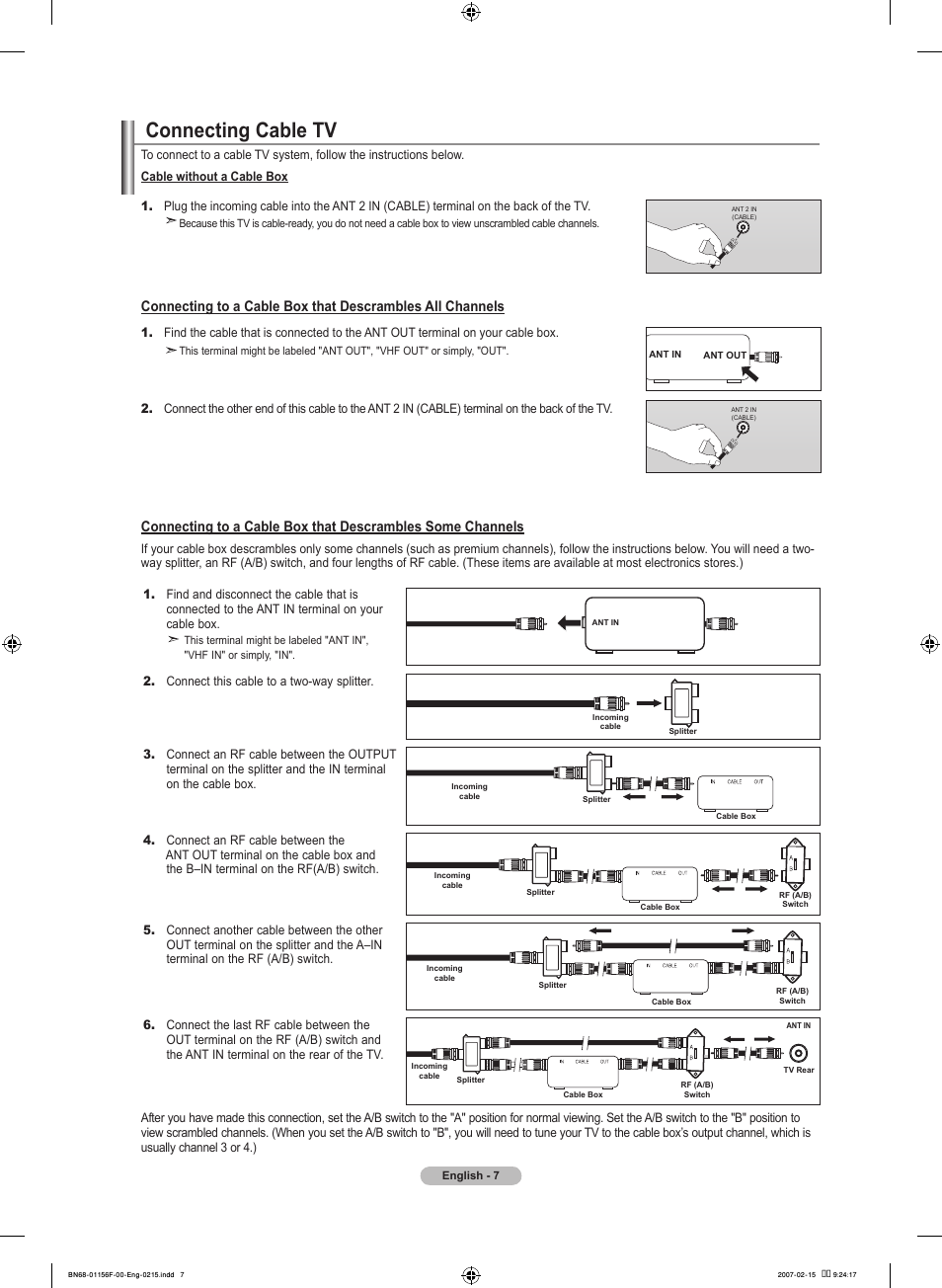 Connecting cable tv | Samsung LNT4066FX-XAA User Manual | Page 9 / 178