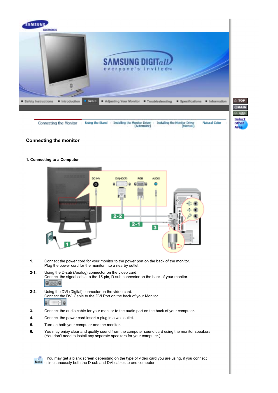Setup, Connecting the monitor | Samsung RT19FSSS User Manual | Page 17 / 62