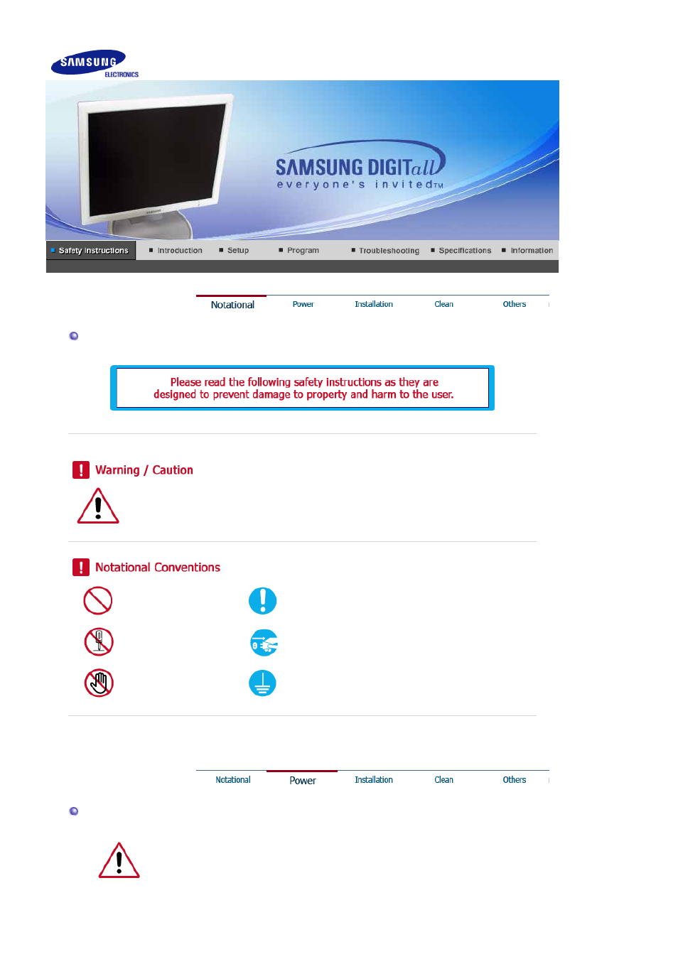 Safety instructions, Notational, Power | Samsung LS19HJDQHV-XAA User Manual | Page 2 / 63