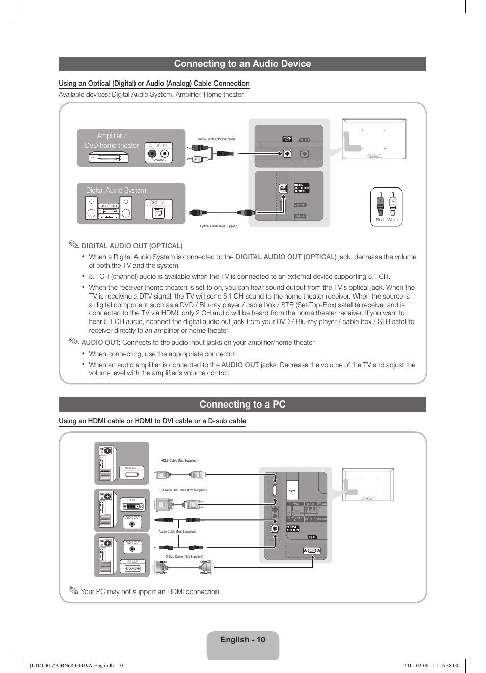 Connecting to an audio device, Connecting to a pc | Samsung UN32D4000NDXZA User Manual | Page 10 / 17