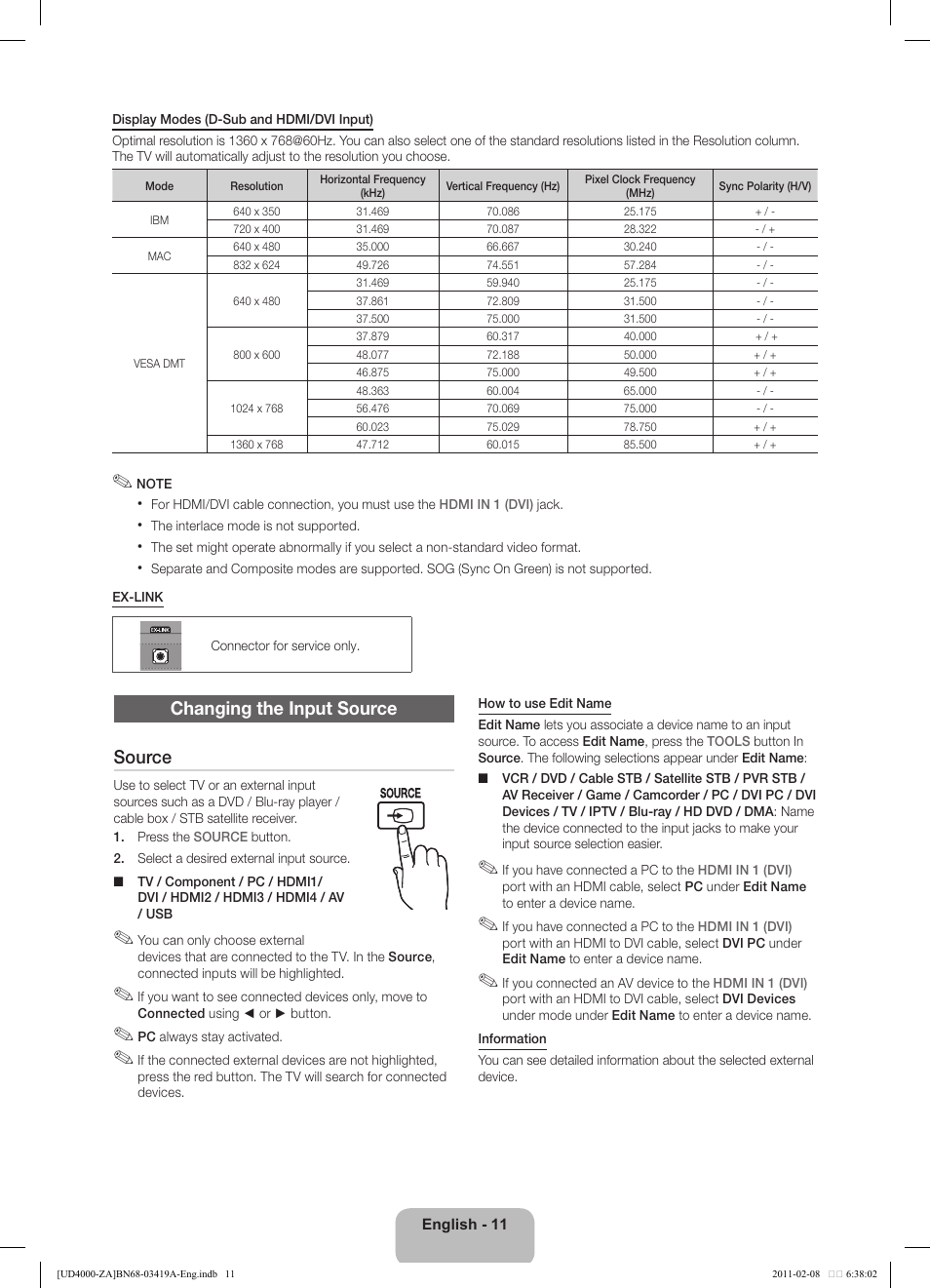 Changing the input source source | Samsung UN32D4000NDXZA User Manual | Page 11 / 17