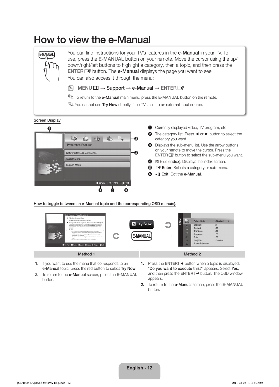How to view the e-manual, E-manual, Menu m → support → e-manual → enter e | Samsung UN32D4000NDXZA User Manual | Page 12 / 17
