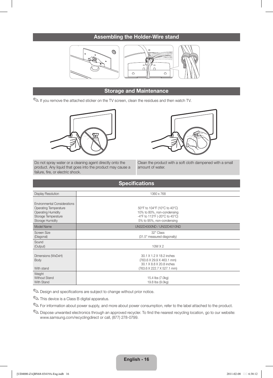 Specifications | Samsung UN32D4000NDXZA User Manual | Page 16 / 17