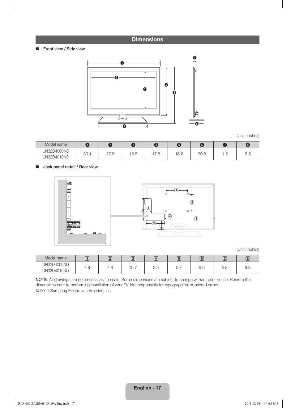 Dimensions | Samsung UN32D4000NDXZA User Manual | Page 17 / 17