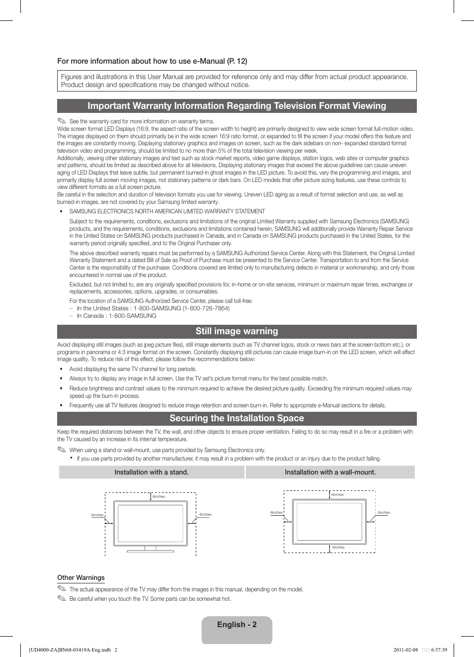 Still image warning, Securing the installation space | Samsung UN32D4000NDXZA User Manual | Page 2 / 17
