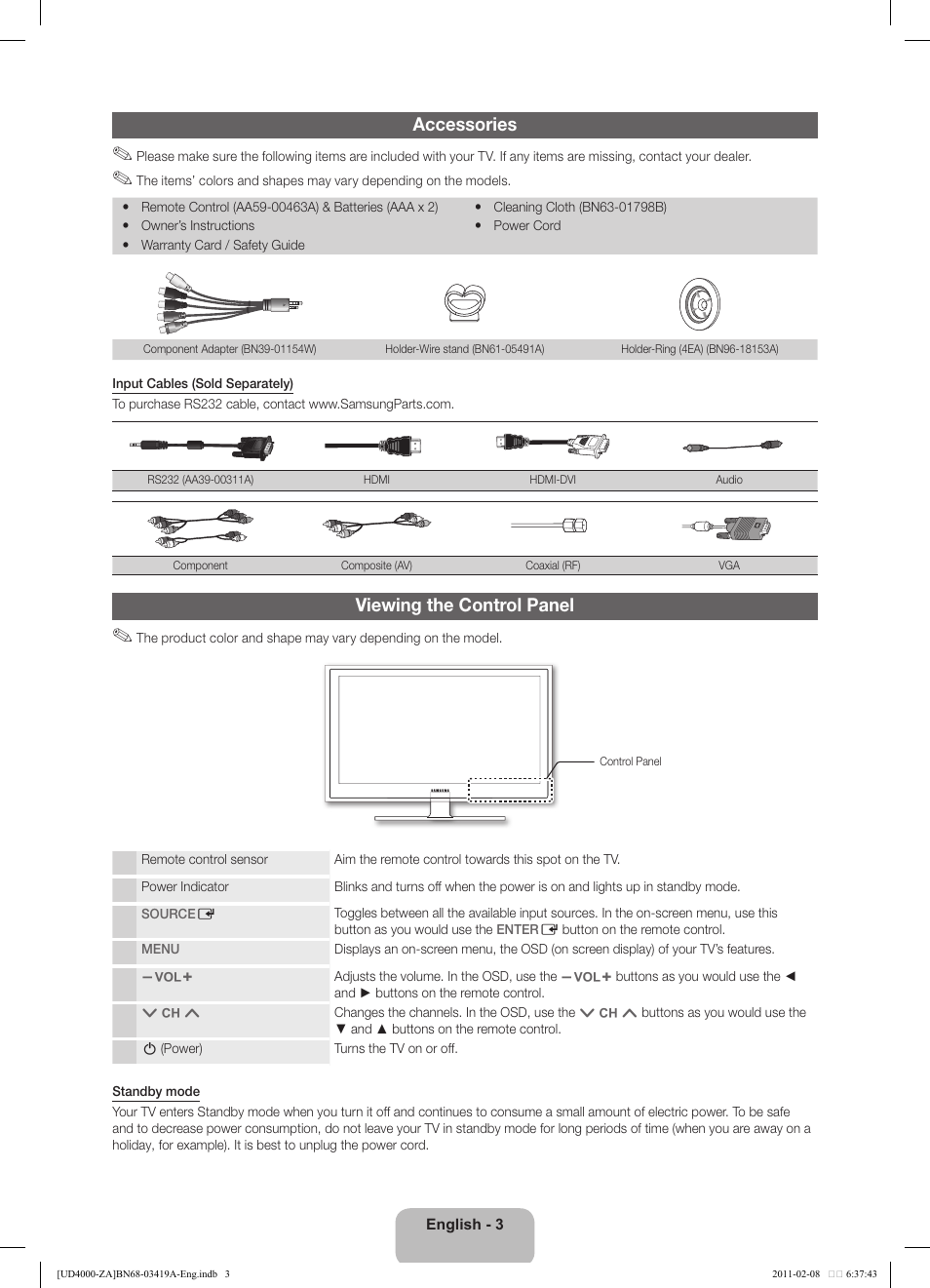 Accessories, Viewing the control panel | Samsung UN32D4000NDXZA User Manual | Page 3 / 17
