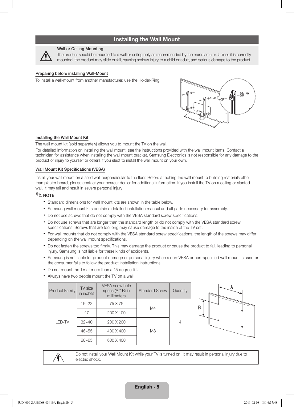 Installing the wall mount | Samsung UN32D4000NDXZA User Manual | Page 5 / 17