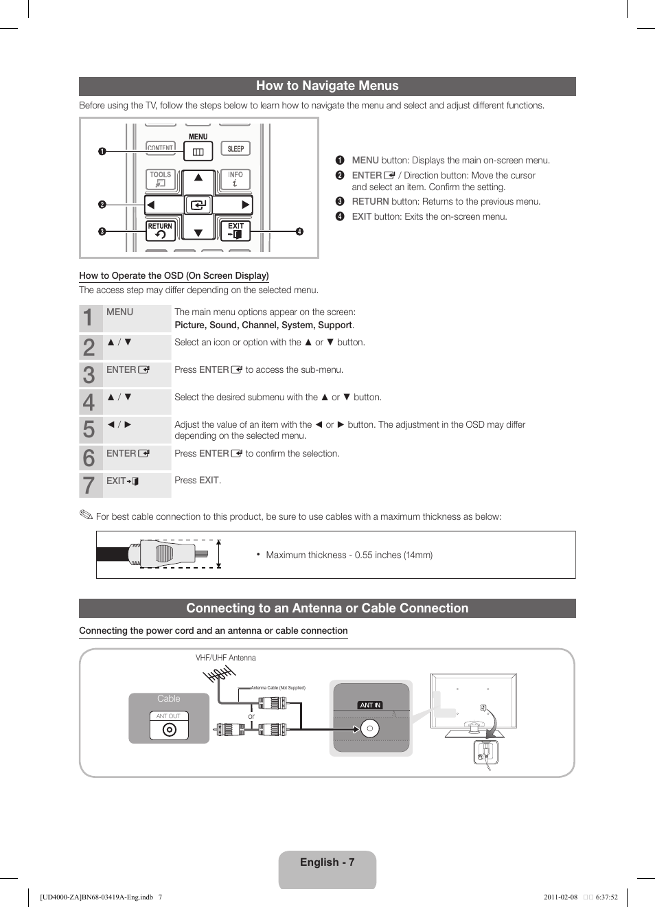 How to navigate menus, Connecting to an antenna or cable connection | Samsung UN32D4000NDXZA User Manual | Page 7 / 17