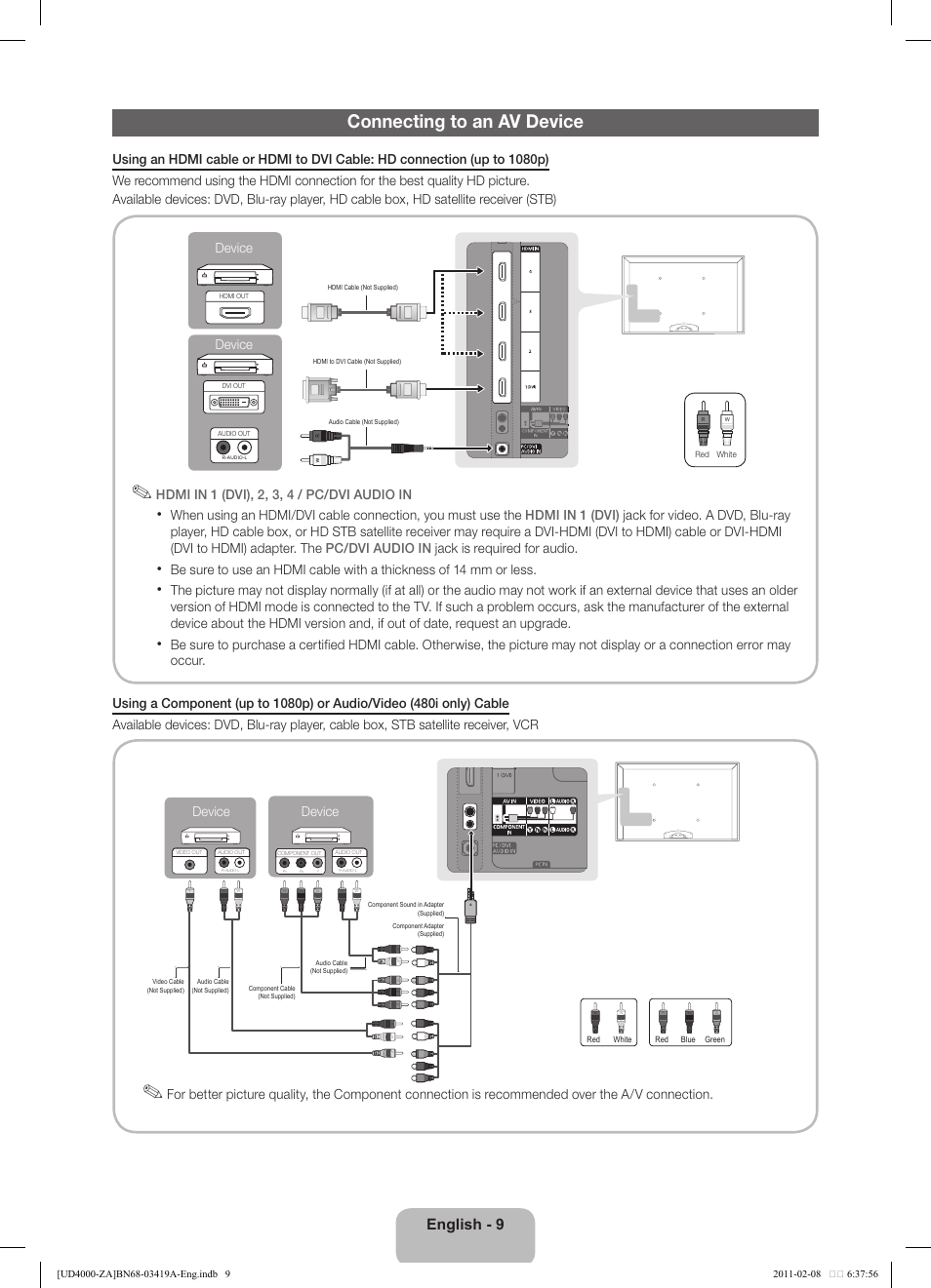 Connecting to an av device, English - 9, Hdmi in 1 (dvi), 2, 3, 4 / pc/dvi audio in | Device | Samsung UN32D4000NDXZA User Manual | Page 9 / 17
