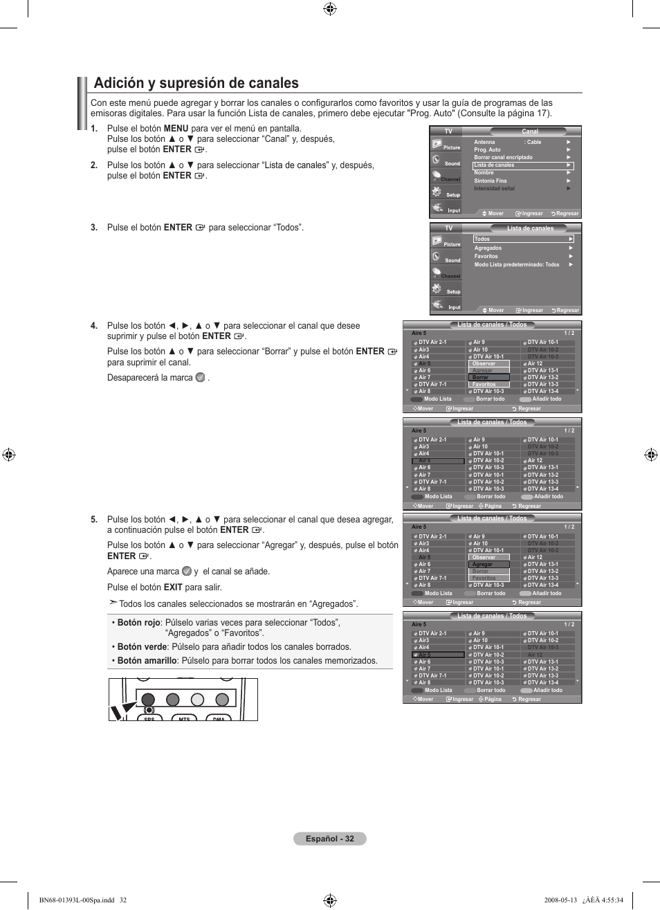 Adición y supresión de canales | Samsung LN32A540P2DXZA User Manual | Page 100 / 133