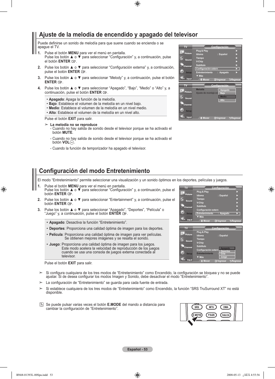 Configuración del modo entretenimiento | Samsung LN32A540P2DXZA User Manual | Page 121 / 133