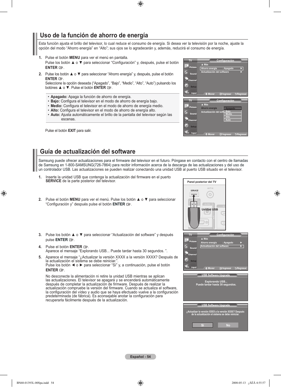Guía de actualización del software, Uso de la función de ahorro de energía | Samsung LN32A540P2DXZA User Manual | Page 122 / 133