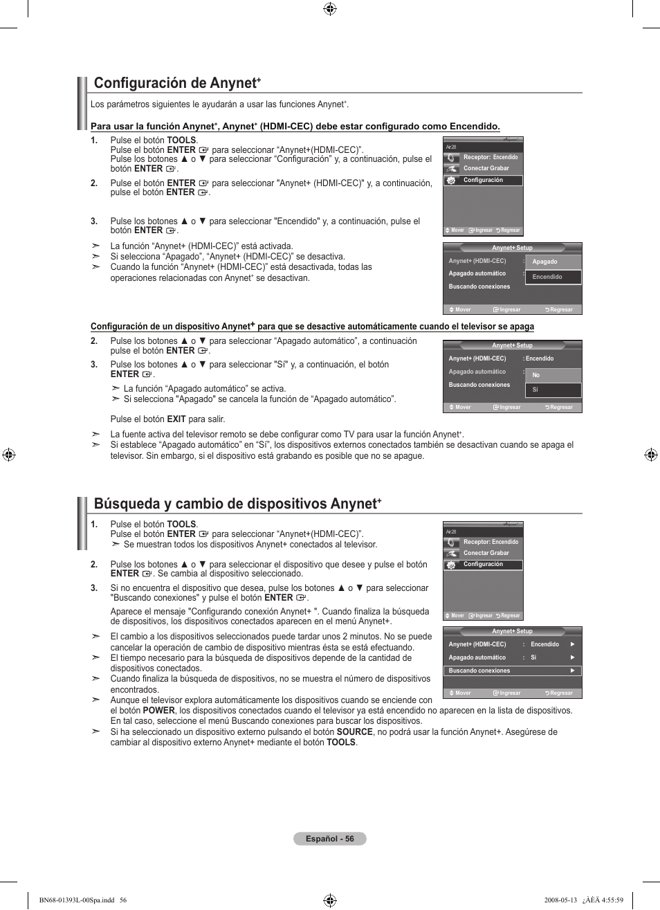 Configuración de anynet, Búsqueda y cambio de dispositivos anynet | Samsung LN32A540P2DXZA User Manual | Page 124 / 133