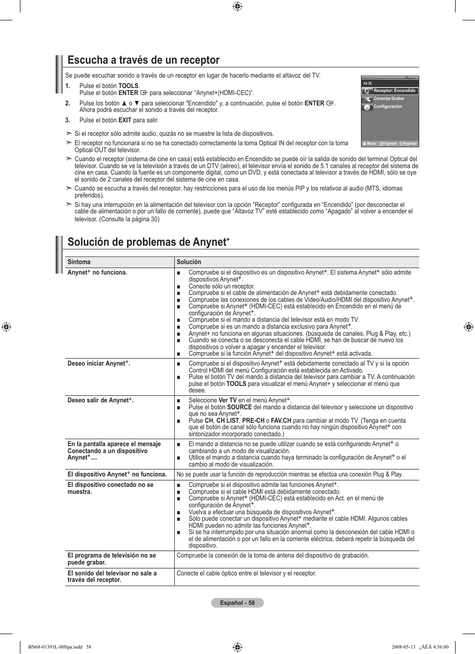 Escucha a través de un receptor, Solución de problemas de anynet | Samsung LN32A540P2DXZA User Manual | Page 126 / 133