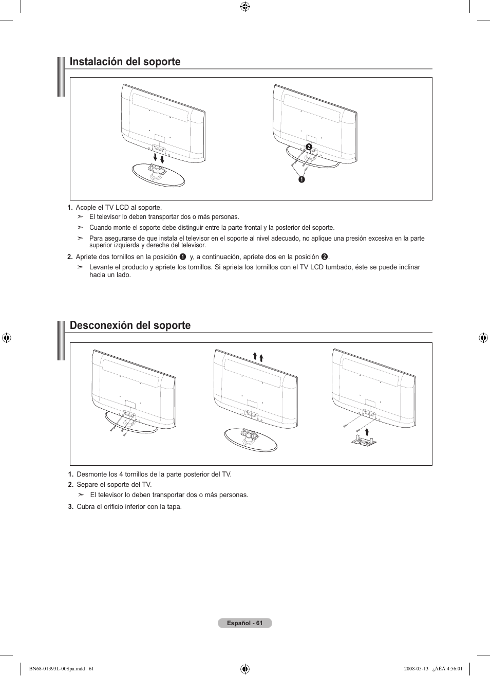 Instalación del soporte, Desconexión del soporte | Samsung LN32A540P2DXZA User Manual | Page 129 / 133