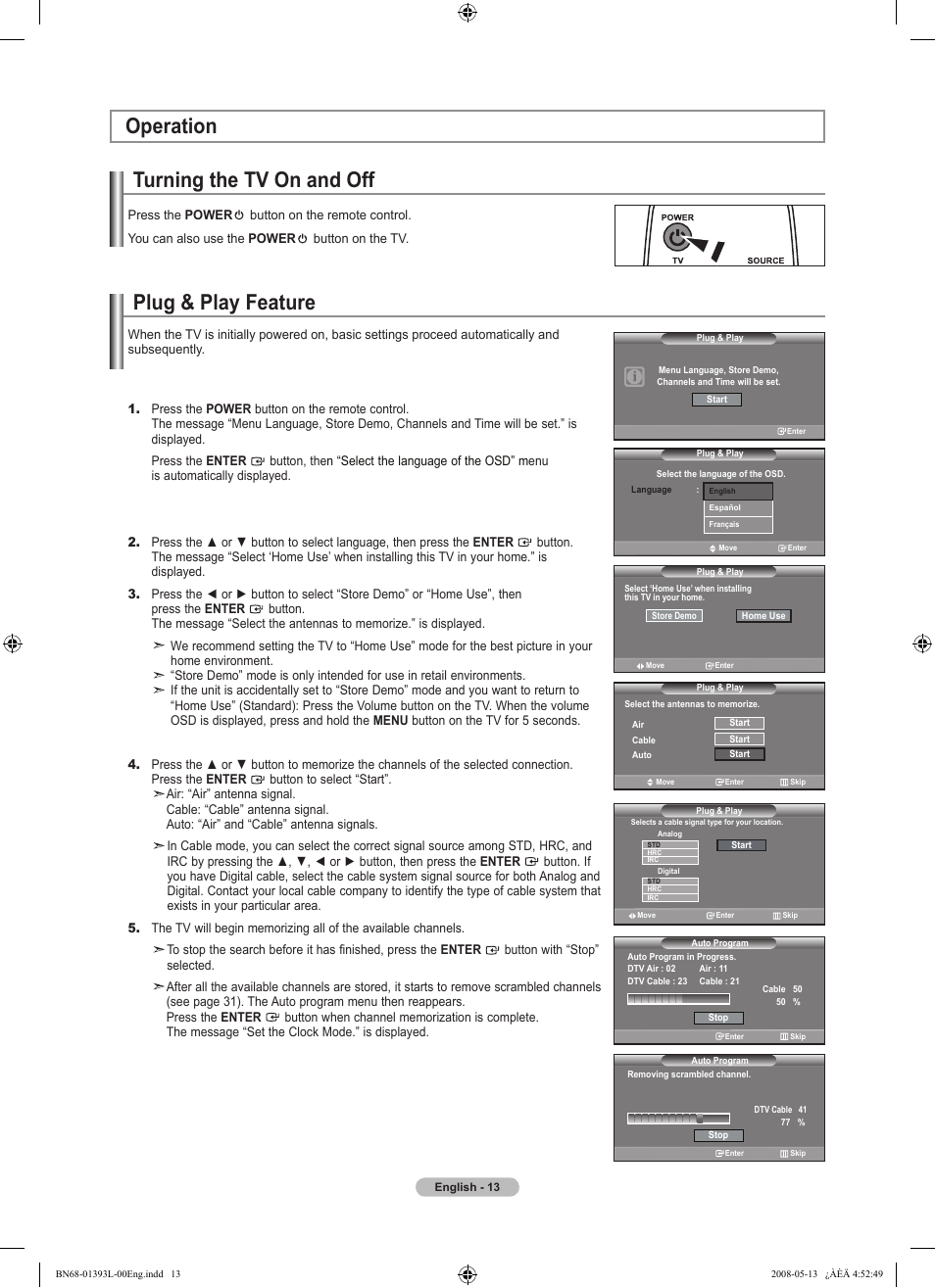 Operation, Turning the tv on and off, Plug & play feature | Samsung LN32A540P2DXZA User Manual | Page 15 / 133