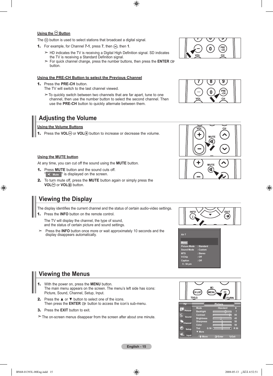 Adjusting the volume, Viewing the display, Viewing the menus | Samsung LN32A540P2DXZA User Manual | Page 17 / 133