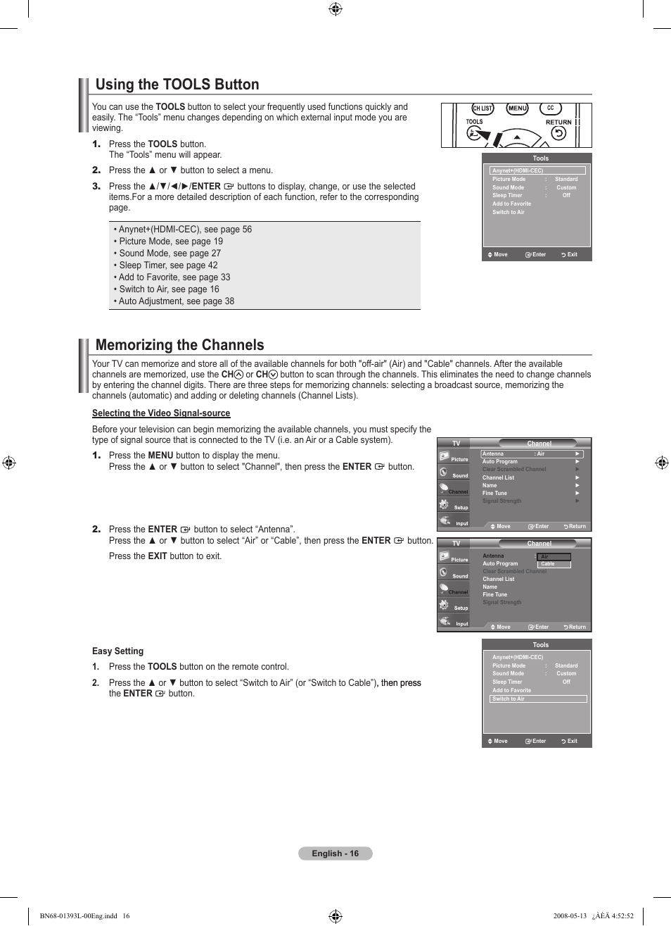 Using the tools button, Memorizing the channels | Samsung LN32A540P2DXZA User Manual | Page 18 / 133