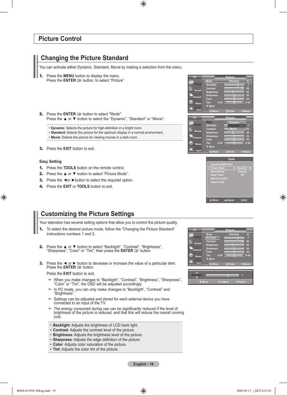 Picture control, Changing the picture standard, Customizing the picture settings | Samsung LN32A540P2DXZA User Manual | Page 21 / 133