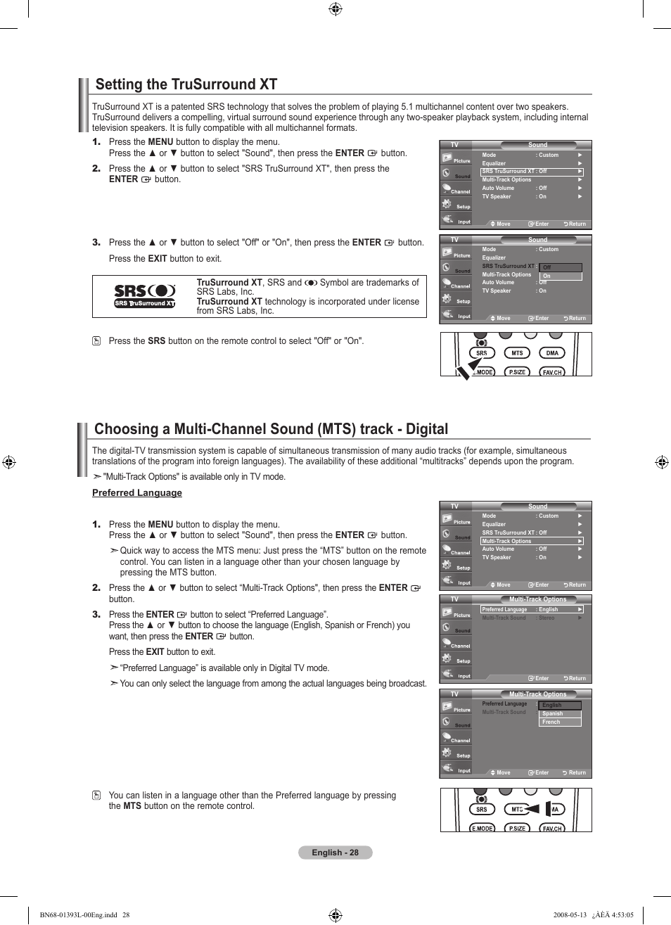 Setting the trusurround xt | Samsung LN32A540P2DXZA User Manual | Page 30 / 133