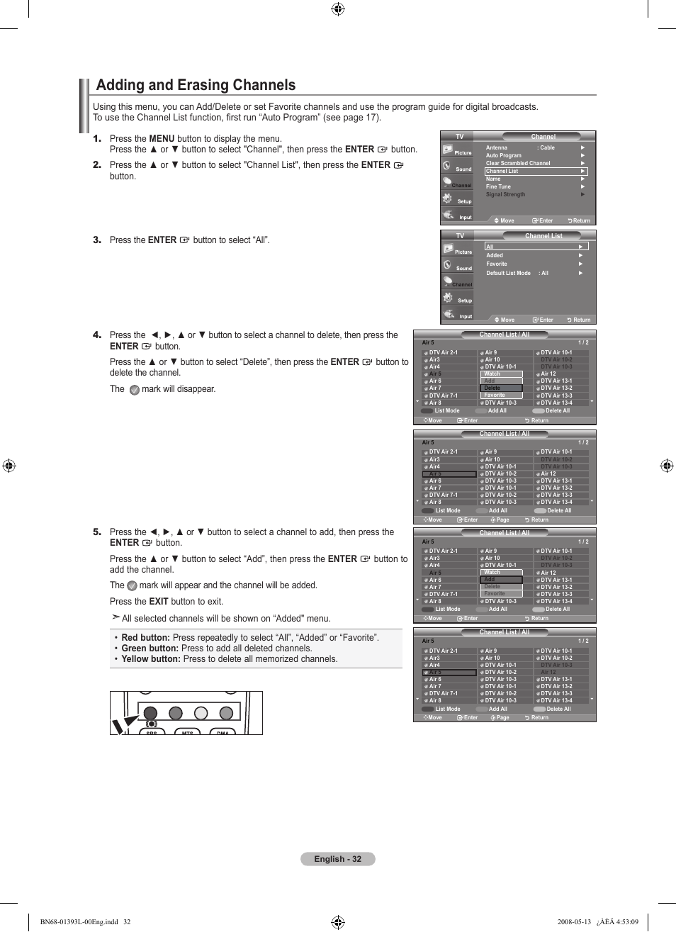 Adding and erasing channels | Samsung LN32A540P2DXZA User Manual | Page 34 / 133