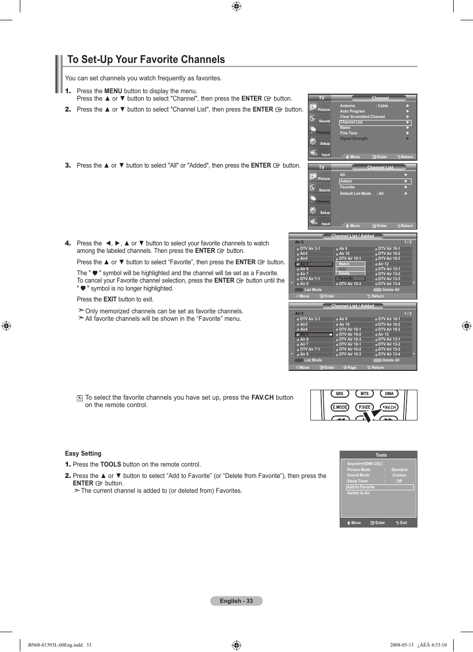 To set-up your favorite channels | Samsung LN32A540P2DXZA User Manual | Page 35 / 133