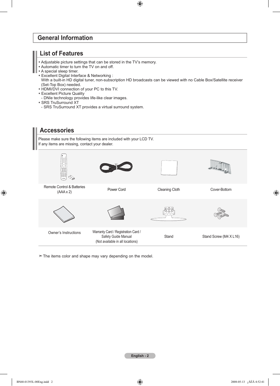 General information, List of features, Accessories | General information list of features | Samsung LN32A540P2DXZA User Manual | Page 4 / 133