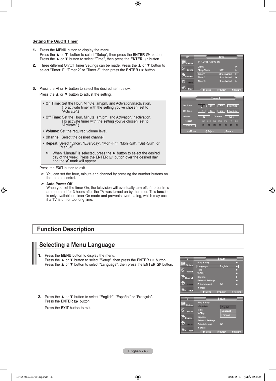 Function description, Selecting a menu language | Samsung LN32A540P2DXZA User Manual | Page 45 / 133