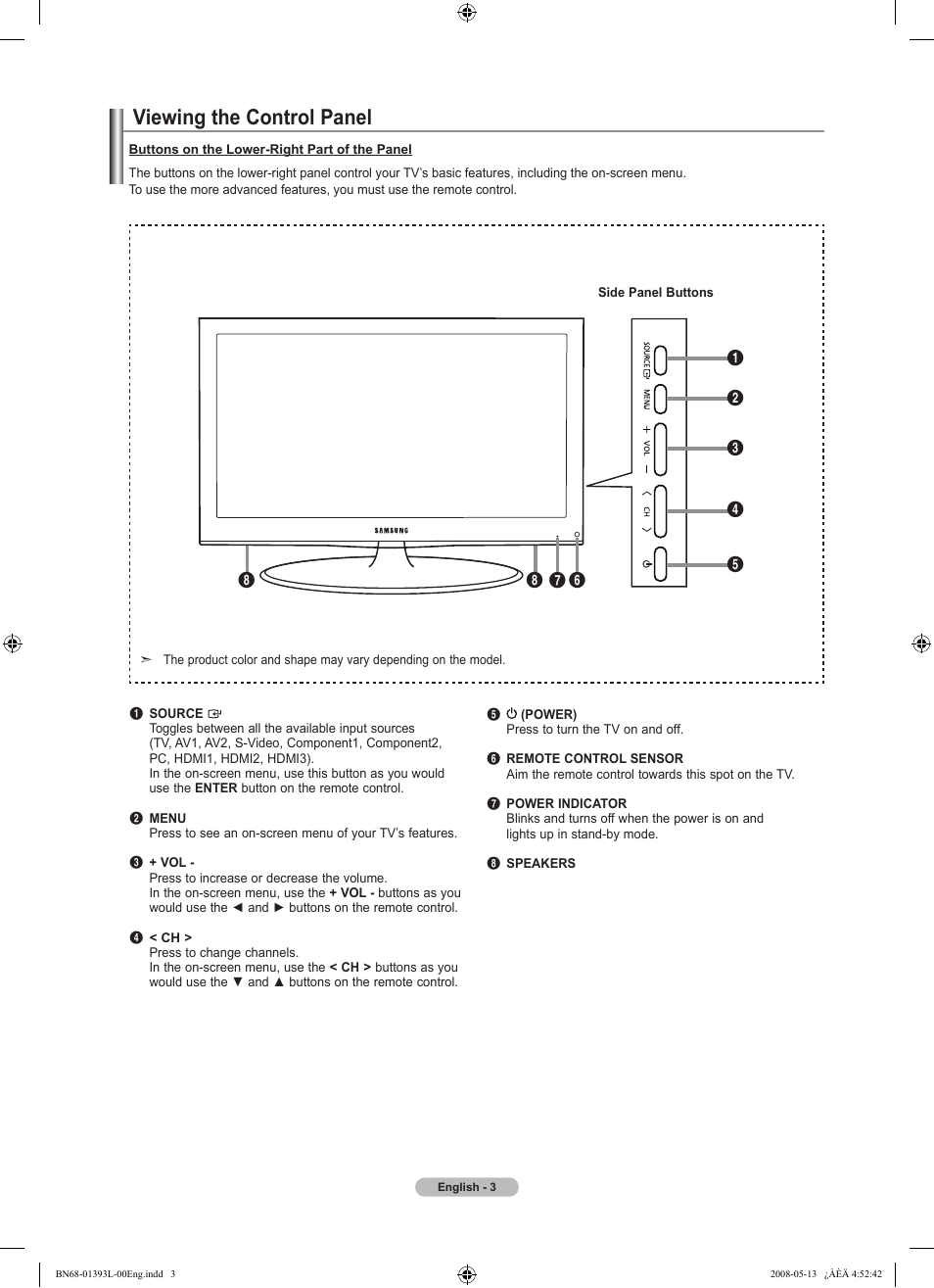 Viewing the control panel | Samsung LN32A540P2DXZA User Manual | Page 5 / 133