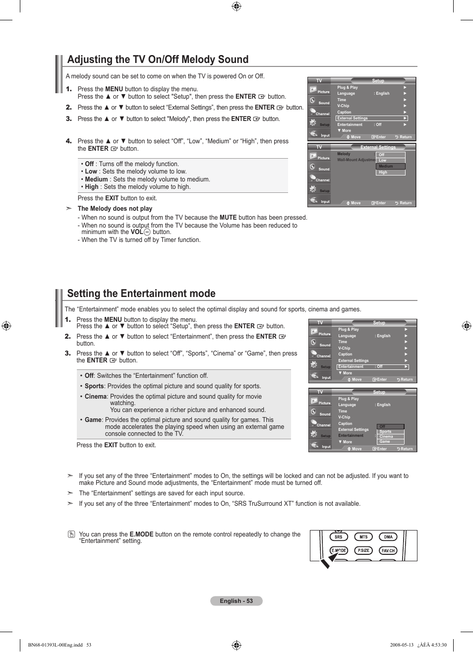 Adjusting the tv on/off melody sound, Setting the entertainment mode | Samsung LN32A540P2DXZA User Manual | Page 55 / 133