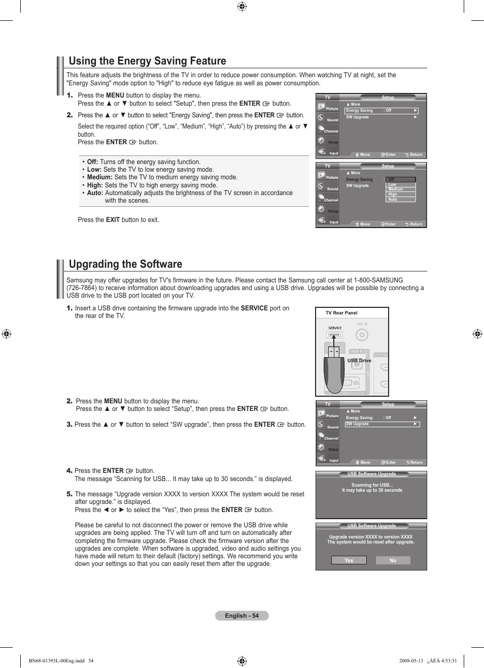 Using the energy saving feature, Upgrading the software | Samsung LN32A540P2DXZA User Manual | Page 56 / 133