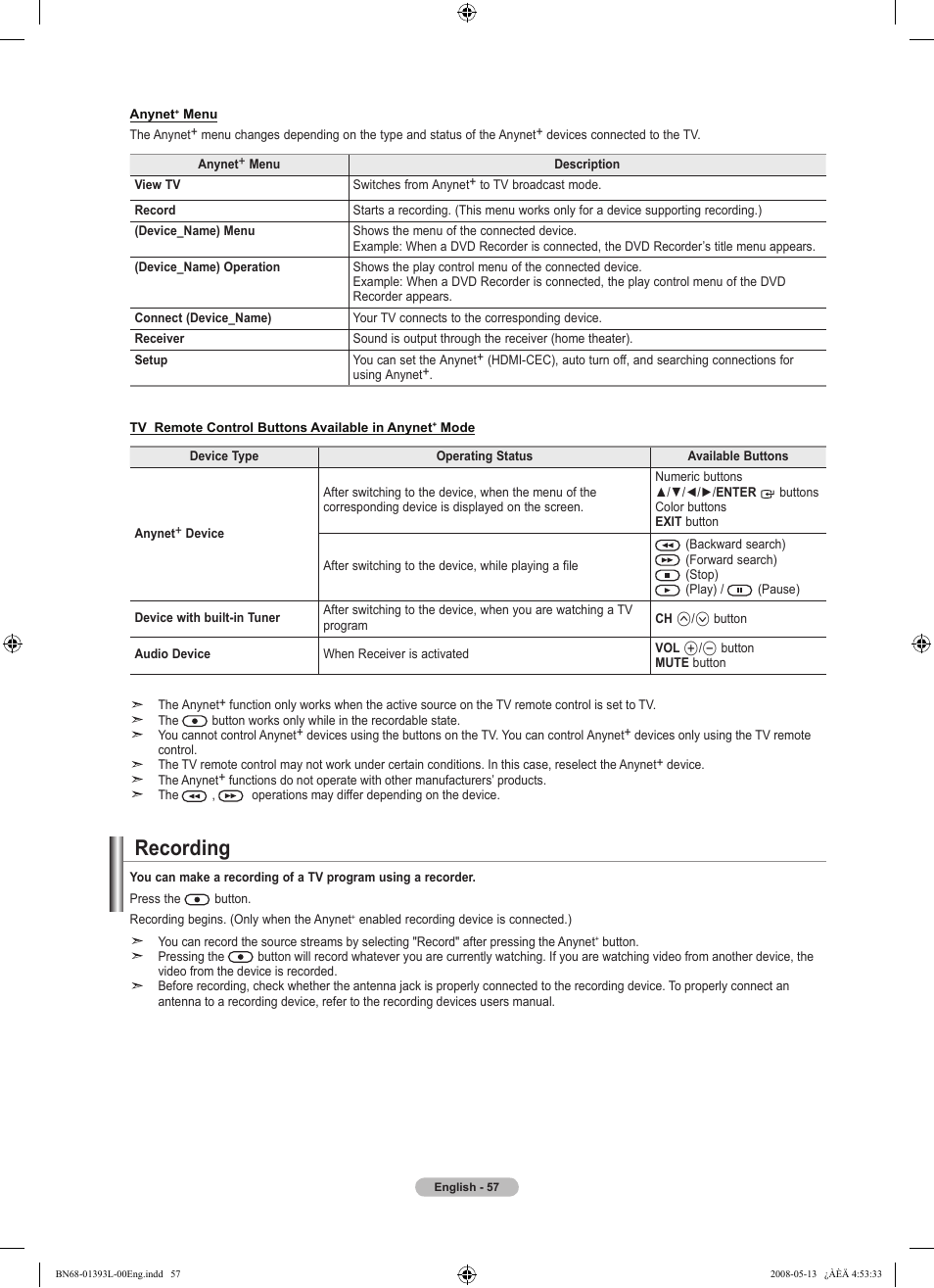 Recording | Samsung LN32A540P2DXZA User Manual | Page 59 / 133