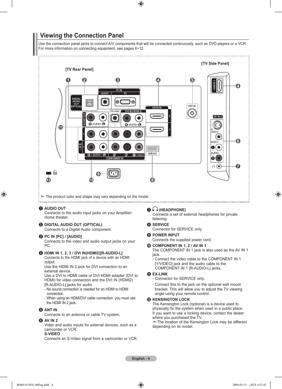 Viewing the connection panel | Samsung LN32A540P2DXZA User Manual | Page 6 / 133