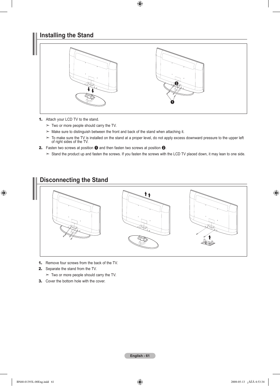 Installing the stand, Disconnecting the stand, Installing the stand disconnecting the stand | Samsung LN32A540P2DXZA User Manual | Page 63 / 133