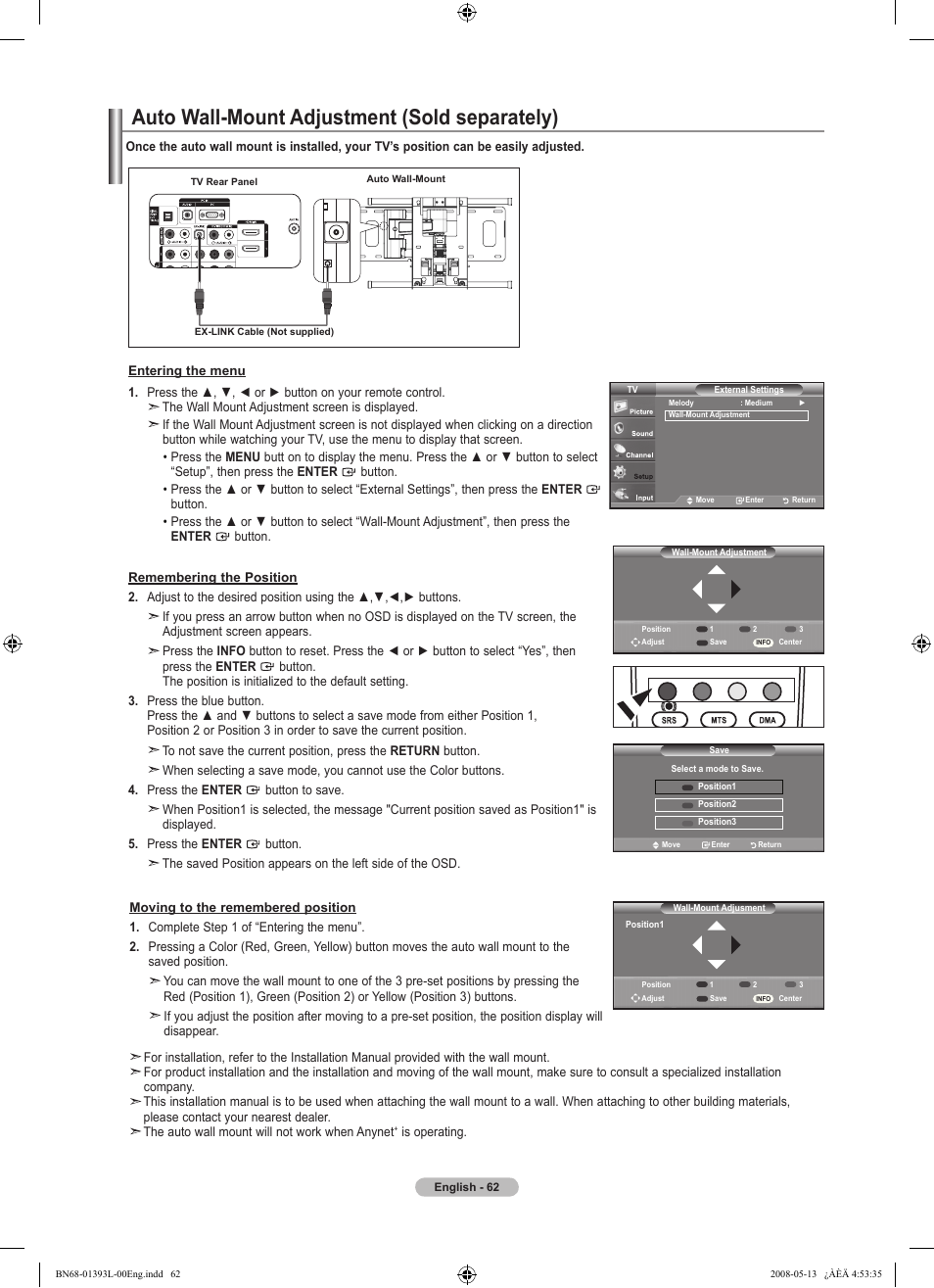 Auto wall-mount adjustment (sold separately) | Samsung LN32A540P2DXZA User Manual | Page 64 / 133